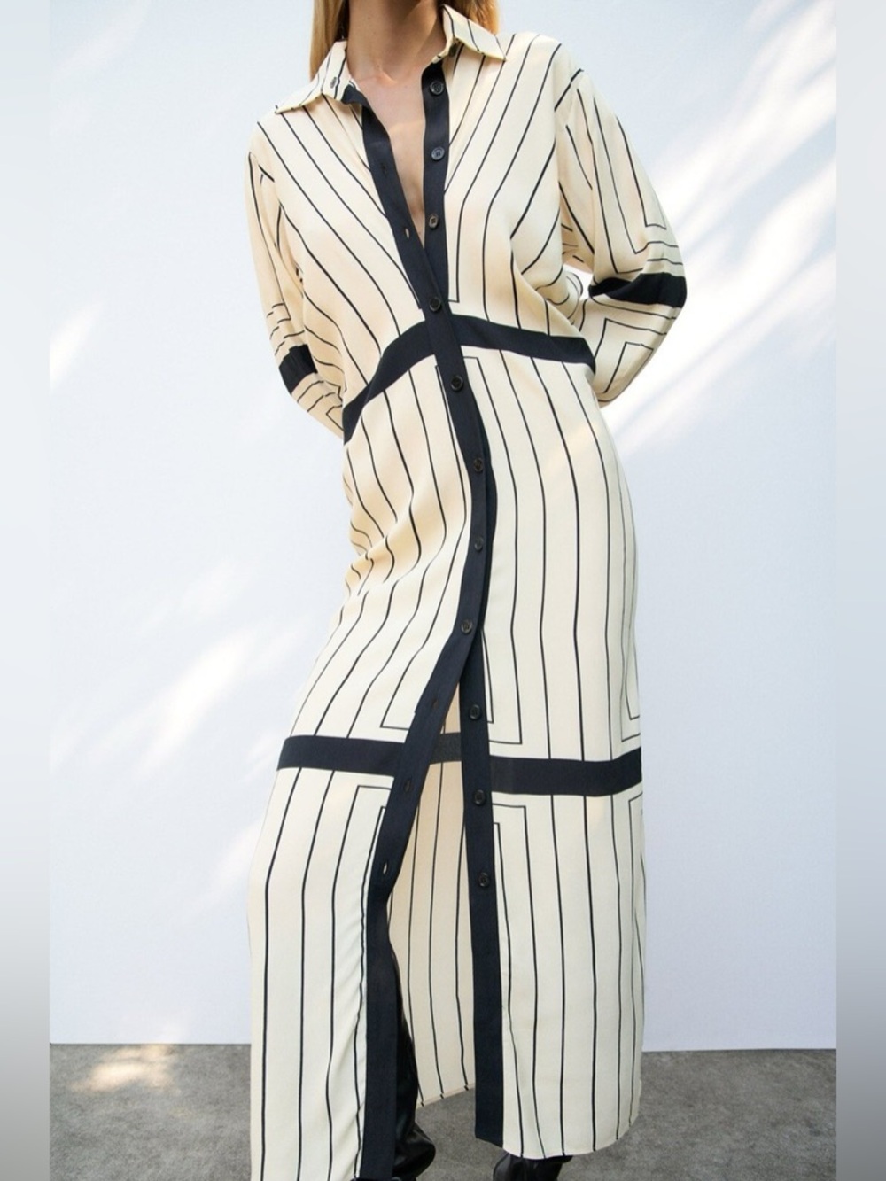 Zara Medium Striped Long Button-Front Dress in Cream and Black - Picture 2 of 6